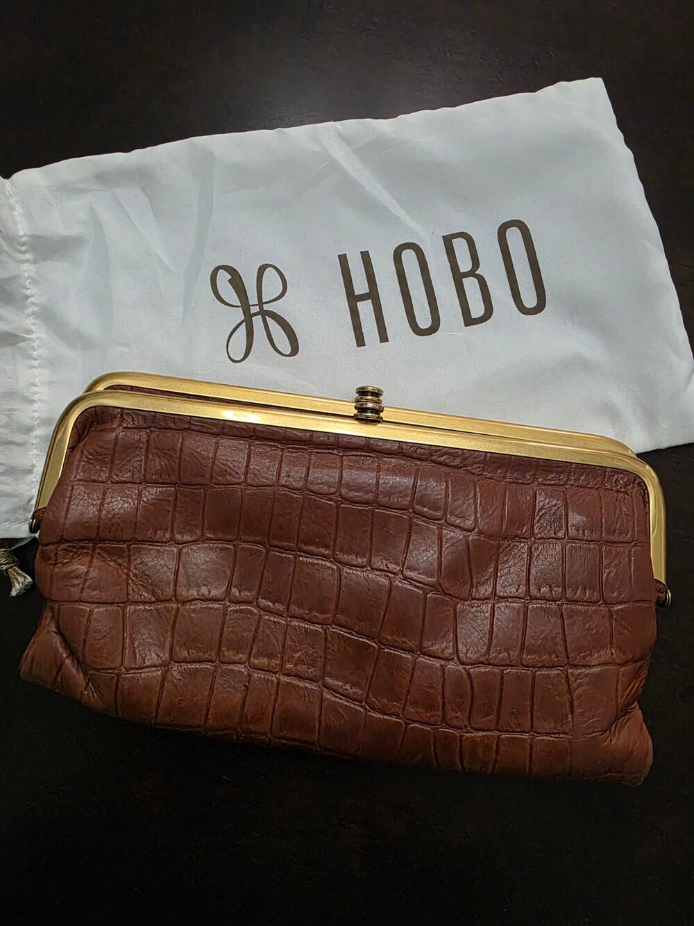Hobo Lauren Croco Brandy Wallet Gold Hardware